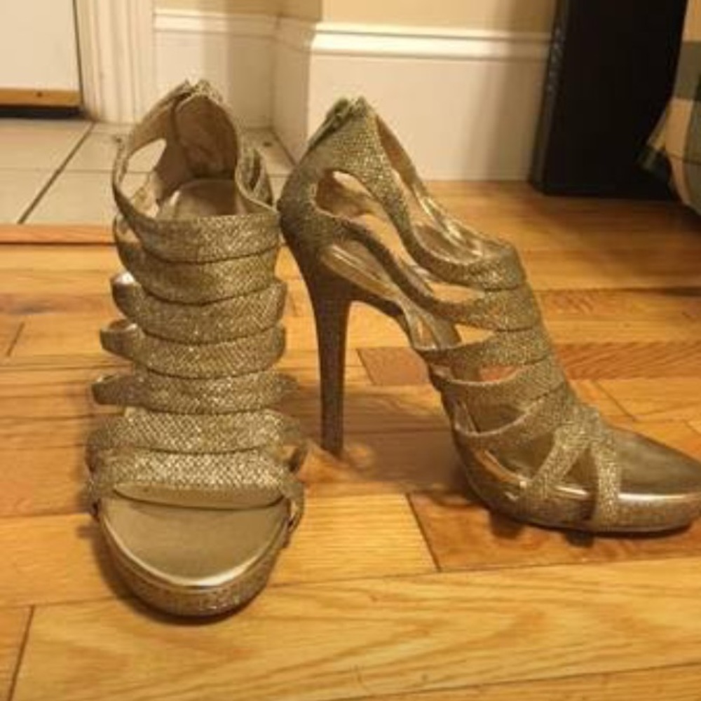 Open-Toe Gold Shimmer Stiletto